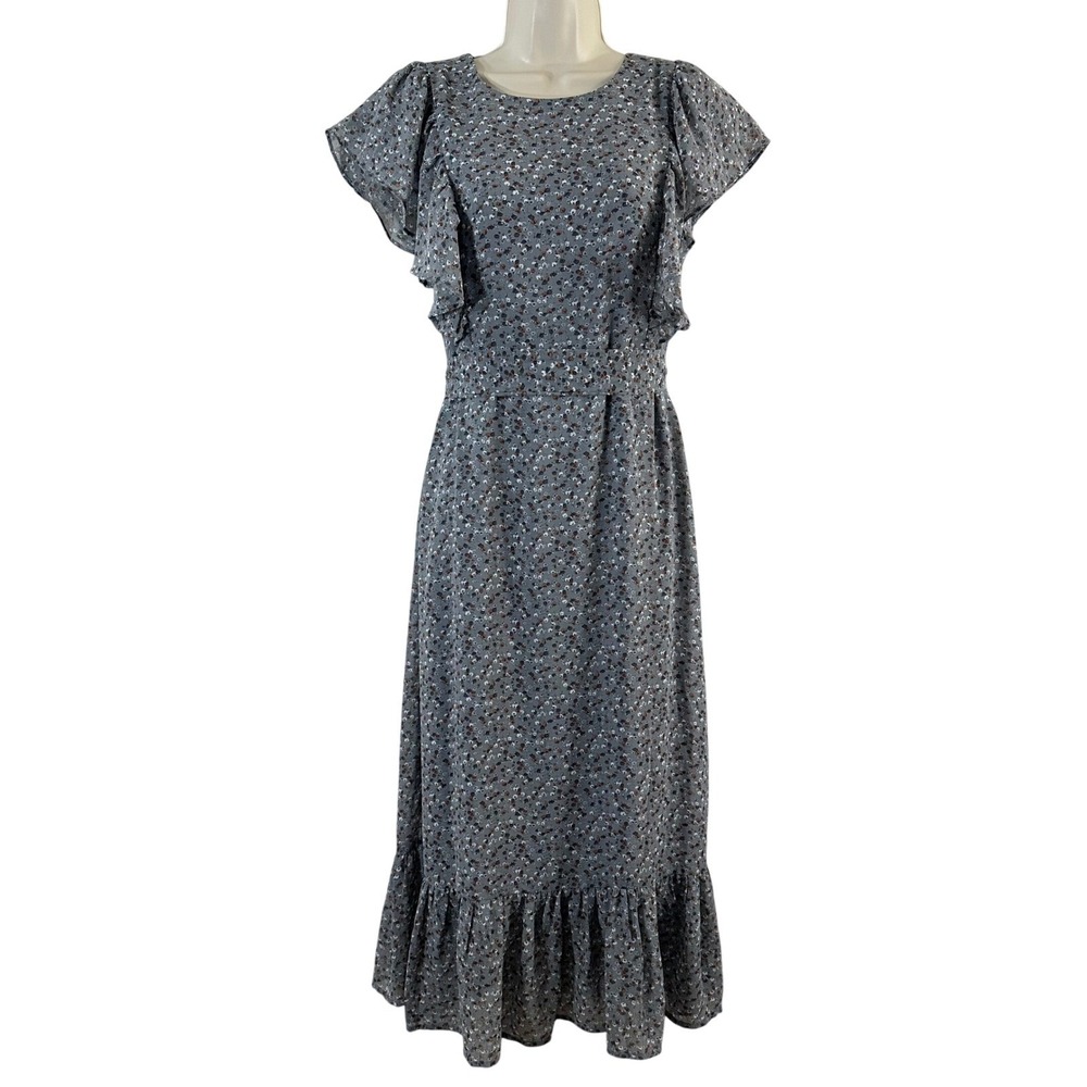 Mikarose Womens Grey Floral Ditsy Flutter Sleeve Modest Midi Dress XS Lined